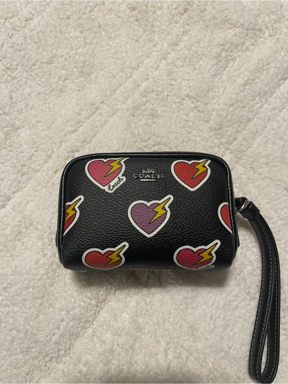 Coach Black Leather Wristlet with Pink, Red, Purple Heart Lightning Motifs